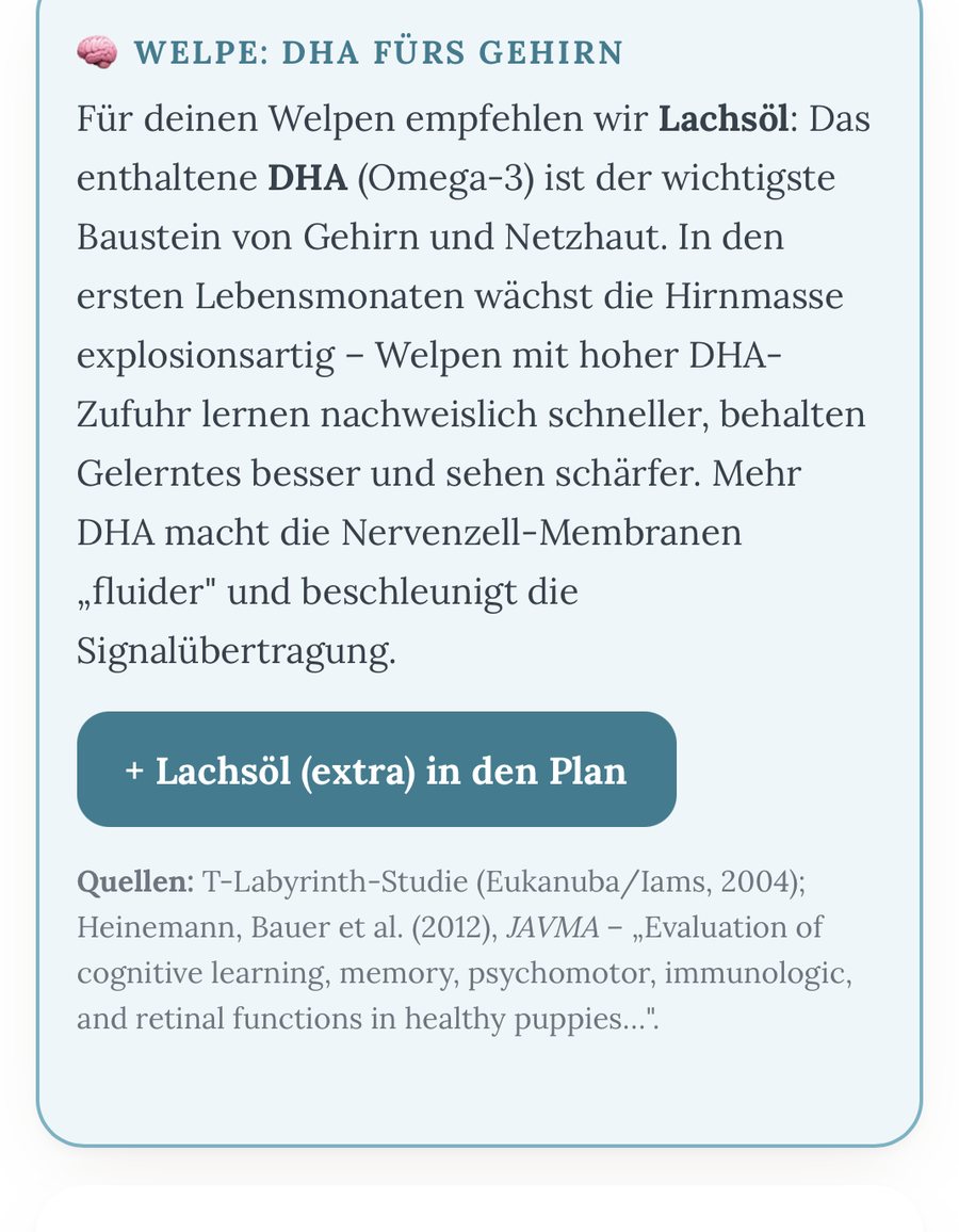 Welpen-Empfehlung im BARF-Rechner: Lachsöl als DHA-Quelle für die Hirnentwicklung, mit Quellenangabe