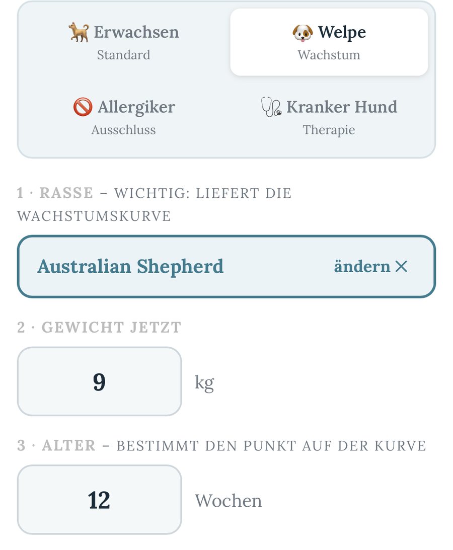 BARF-Rechner für Welpen: Modus Welpe mit Eingabe von Rasse, aktuellem Gewicht und Alter in Wochen