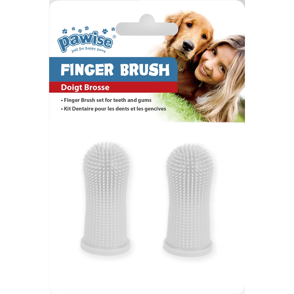 Zwei weiße Fingerzahnbürsten aus Silikon von Pawise, in der Verkaufsverpackung