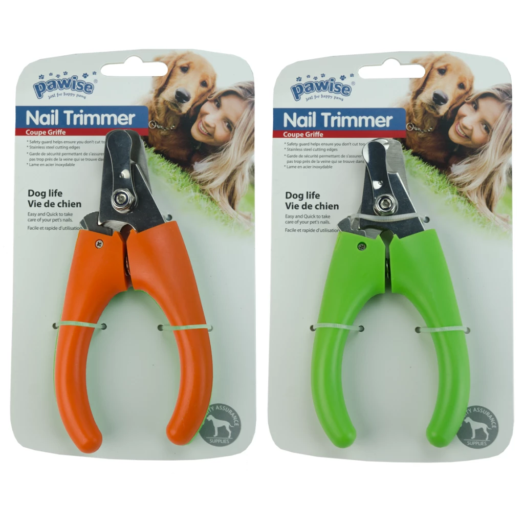 Pawise Krallenzange für Hunde mit Schutzbügel, orangefarbene und grüne Ausführung in der Verkaufsverpackung