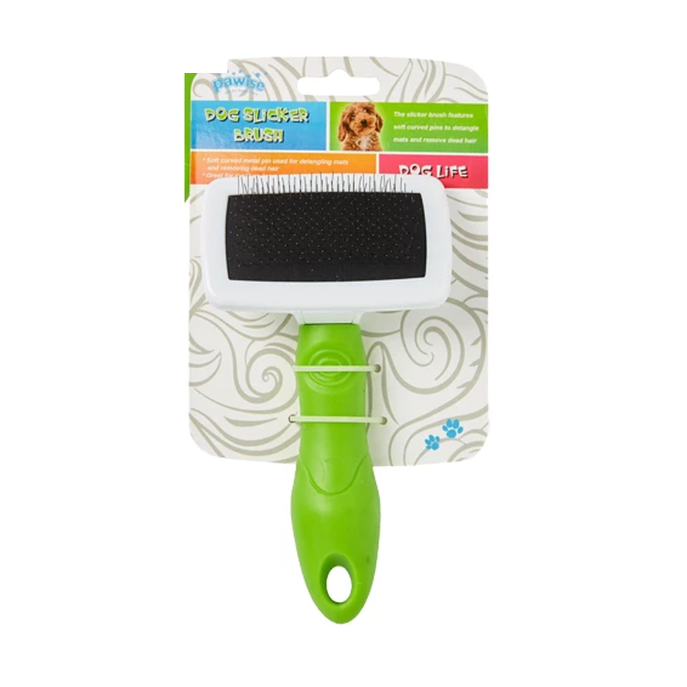 Pawise Zupfbürste Slicker Brush in Größe S mit grünem Griff und schwarzem Nadelkissen, in der Verkaufsverpackung